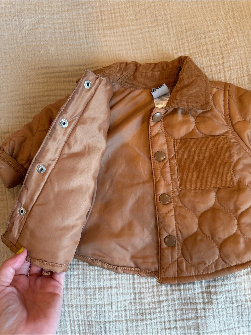Quilted Tan Infant Jacket with Corduroy Collar